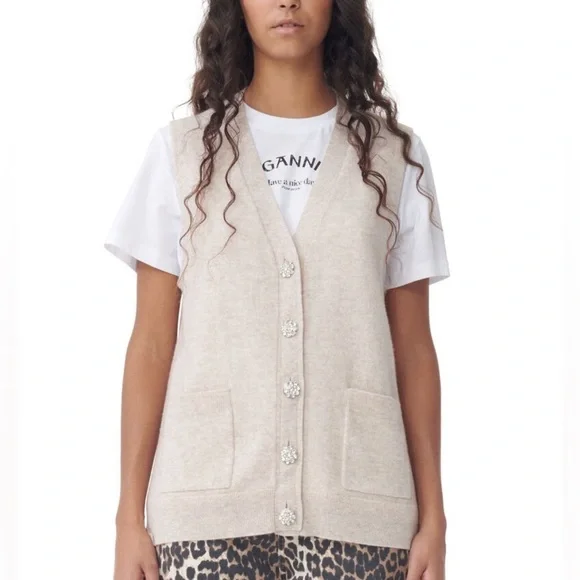 NEW Ganni Cashmere Mix Button Vest Sweater in Oyster Gray / Cream - size XS - Picture 1 of 7